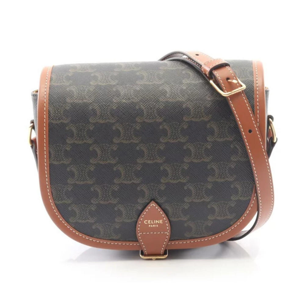 Celine Folco Bag Triomphe Shoulder Canvas Leather Black Brown